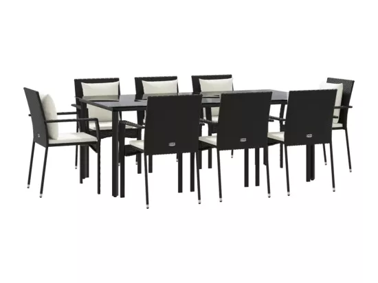 Ensemble à manger jardin 9pcs et coussins noir résine tressée