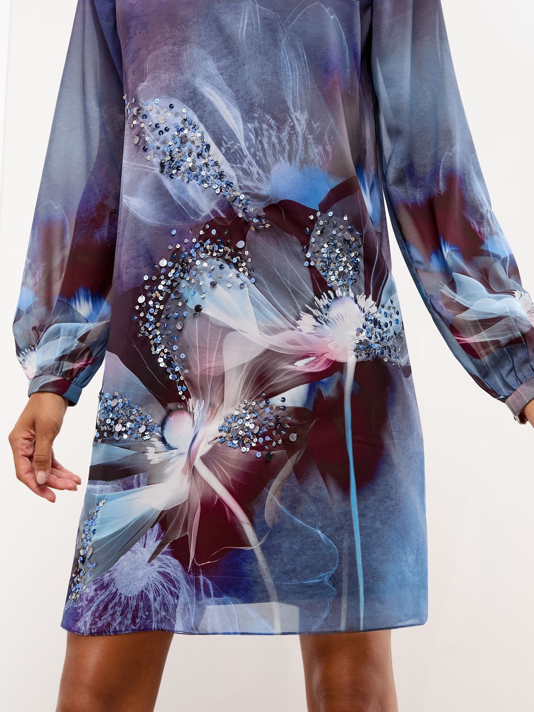 Lipsy Mini Embellished Floral Long Sleeve Shift Dress