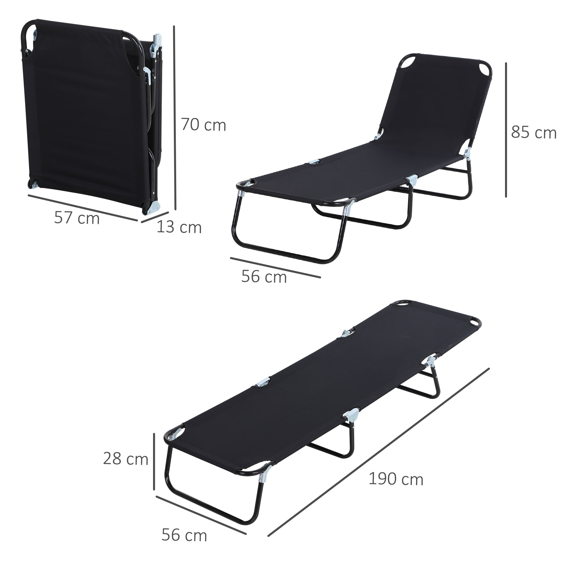 Espreguiçadeira dobrável e reclinável Outsunny com 5 ângulos ajustáveis para jardim, piscina, terraço e camping, capacidade de carga de 120 kg, 188 x 56 x 28 cm, preta.