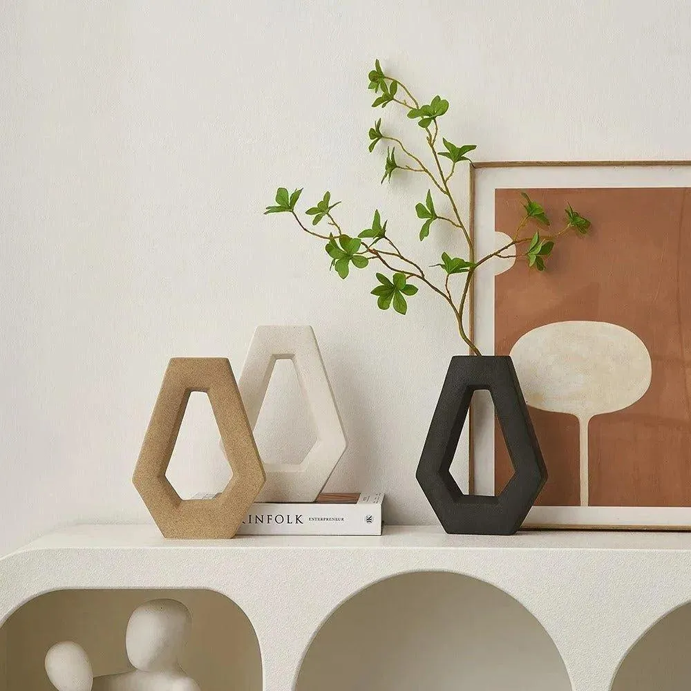Modern Abstract Art Ceramic Vase | Minimal Geometric Hexagonal Table Decor Pot Set