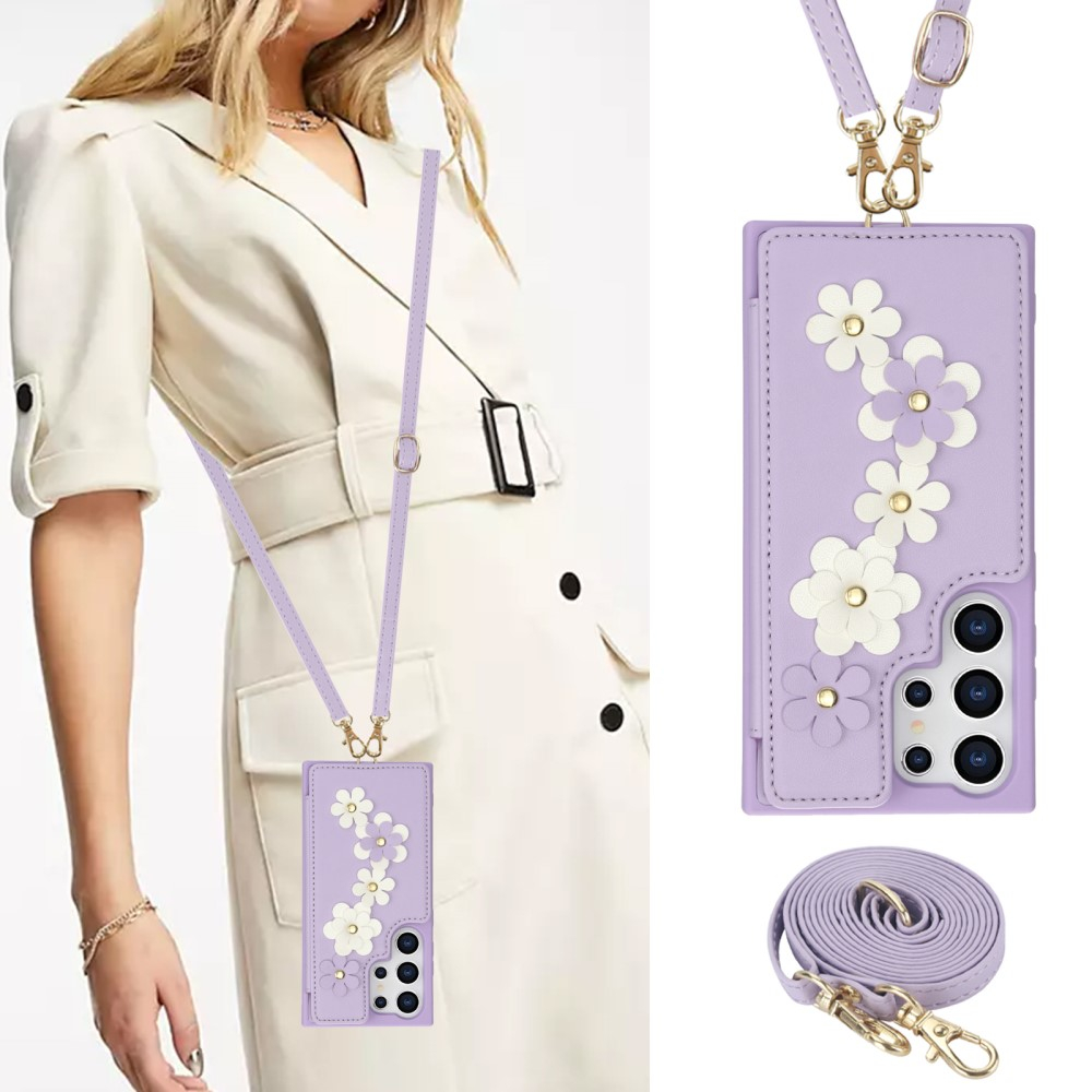 Samsung Galaxy S25 Ultra Necklace Leder Schutz Hülle mit Kartenfächer Blumen   Handykette (140cm) - Lila