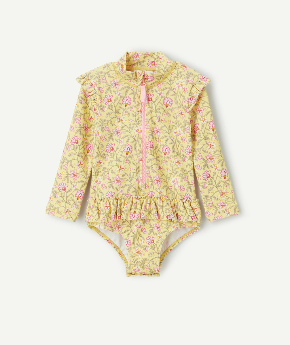 COMBINAISON ANTI-UV BÉBÉ FILLE EN FIBRES RECYCLÉES JAUNE IMPRIMÉE FLEURS