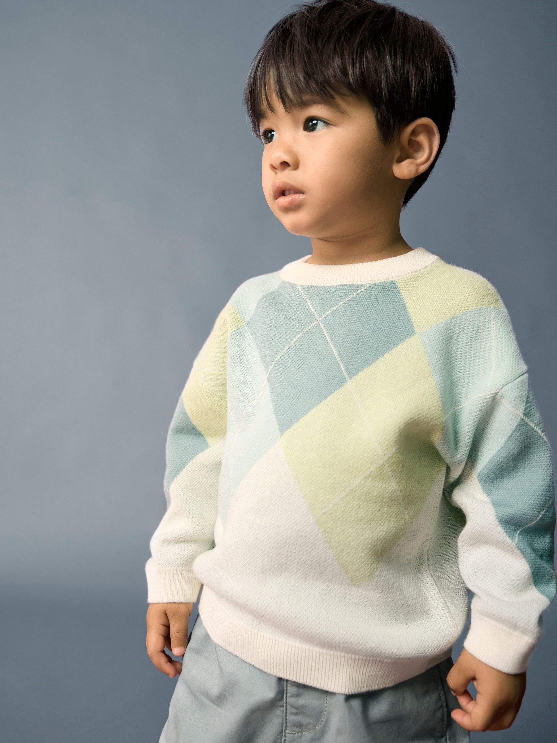 Groen/blauw argyle - Gebreide katoenen trui met ronde hals (3mnd -7jr)