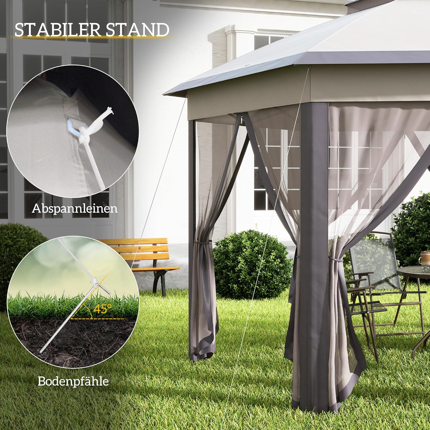 Outsunny Pavillon 4x4m Wasserdicht Pop-up sechseckiger Faltpavillon, Doppeldach, Gartenpavillon mit 6 Seitenteilen, Partyzelt inkl. Tragetasche, für Garten, Terrasse, Festival, Kaffee+Beige