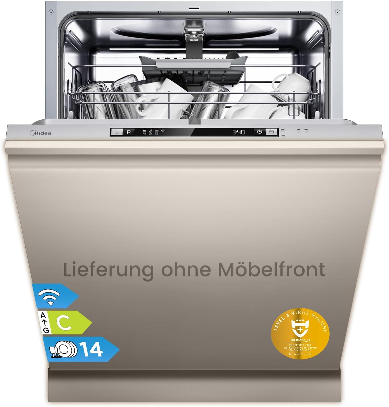 Midea SV 5.14K14C Geschirrspüler Vollintegriert 60cm, 14 Maßgedecke, Spülmaschine Unterbaufähig mit WIFI, 8 Programme, 44 dB, Automatische Türöffnung, 0-24H Startverzögerung, Inox