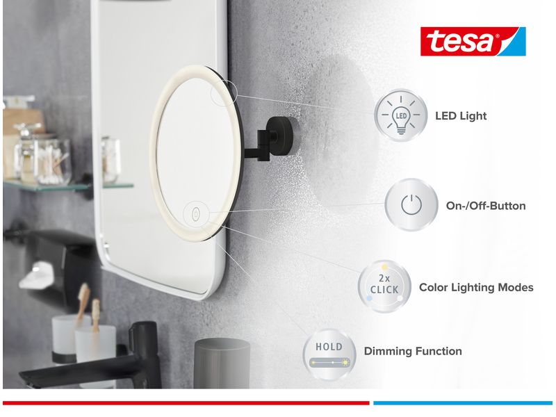tesa Kosmetikspiegel Visioon LED, Schwarz Runder Vergrösserungsspiegel mit LED-Beleuchtung, fünffacher Vergrösserungsfunktion für Details