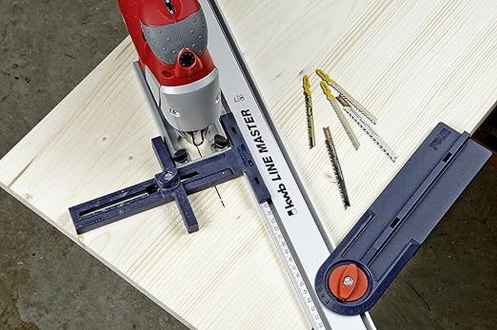 kwb LINE-MASTER Precisieliniaal 800 mm, Voordeelset met geleiderail, zaaggeleider, hoekaanslag en 2 spanklemmen, voor houtbewerking, handwerk en metaalbewerking