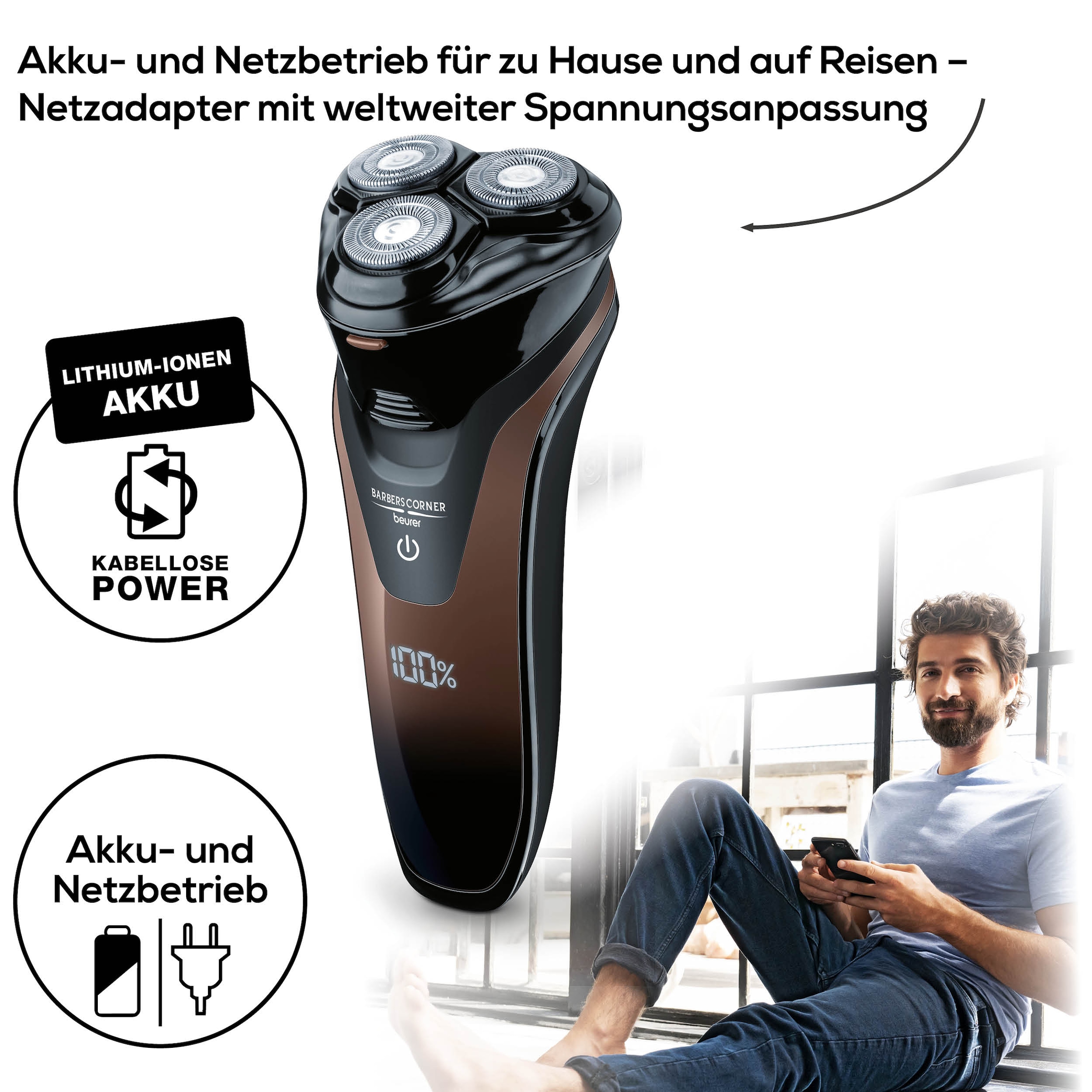 BEURER Elektrorasierer »HR 8000 Rotationsrasierer, 2-in-1 Bart- und Kotelettenstyler« 1 Stk. Aufsätze Zur Trocken- und Nassrasur geeignet, inkl. Aufbewahrungstasche