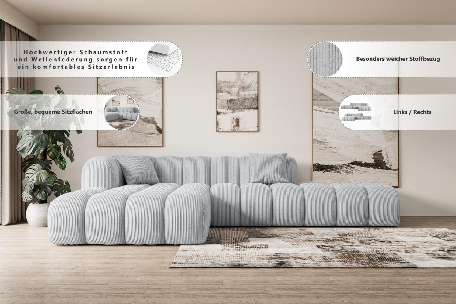 ALTDECOR Ecksofa in L-Form Corner Sofa Bett Eckcouch Couch Wohnlandschaft Cauchsofa Olea-L2-289x176x71 cm Duneklgrau
