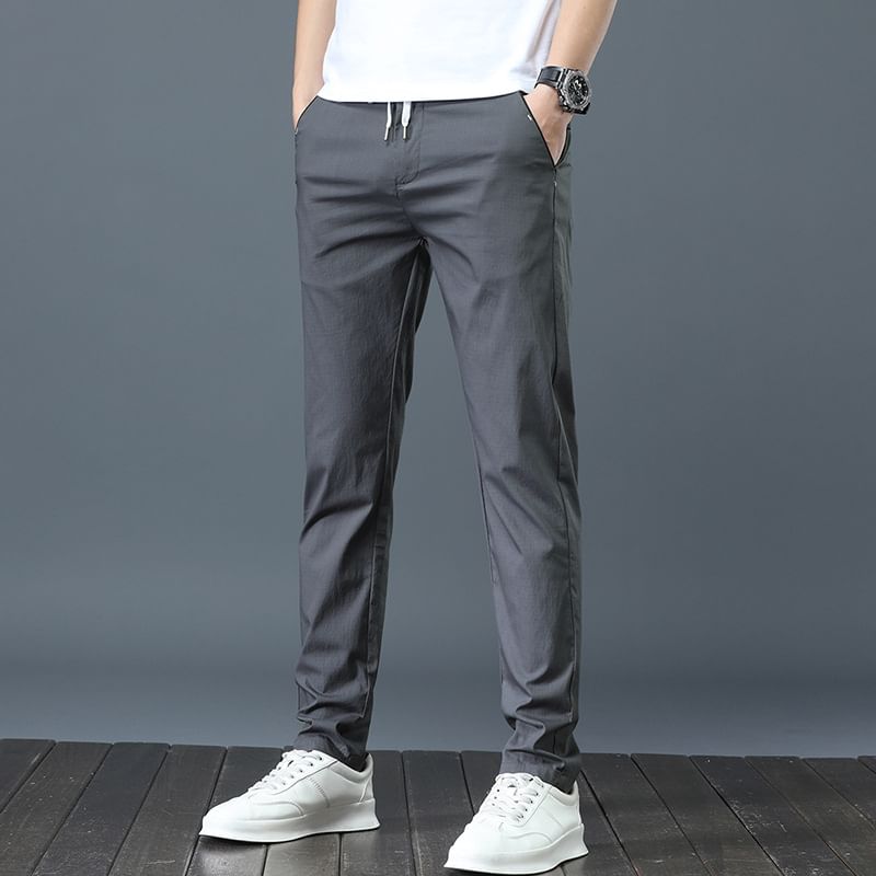 Denimic - Effen slim fit broek met trekkoordtaille
