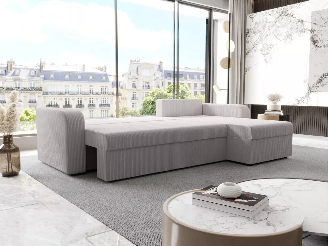 Canapé d'angle convertible et réversible en velours côtelé gris clair ONABIA