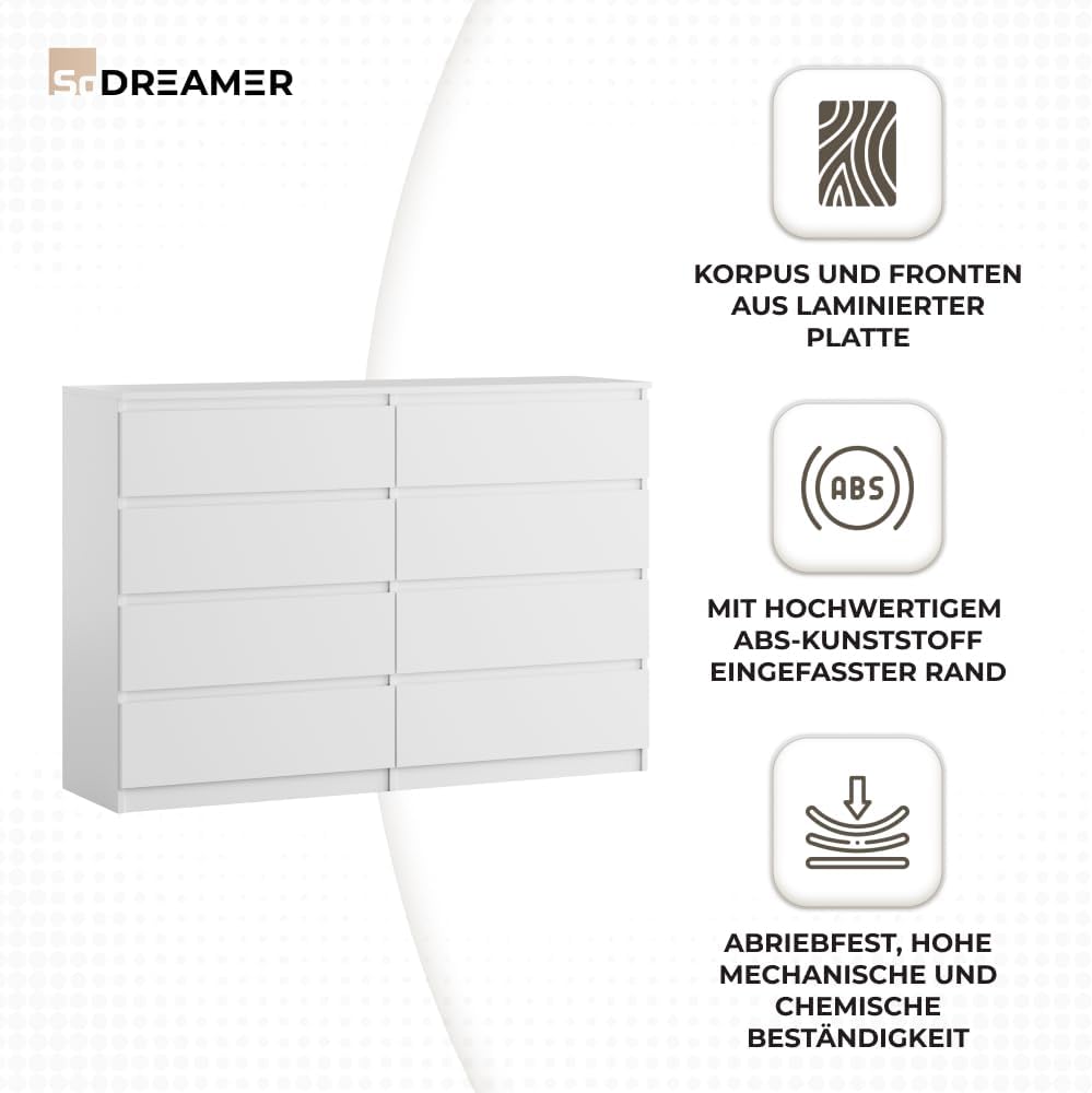 Kommode mit 8 Schubladen | Weiß 140 cm Ideal für Schlafzimmer, Wohnzimmer, Kinderzimmer und Büro | Große geräumige Kommode | 140x97x40 cm