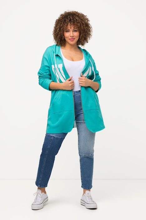 Long-Sweatjacke, Schriftmotiv, Kapuze, Knotenband