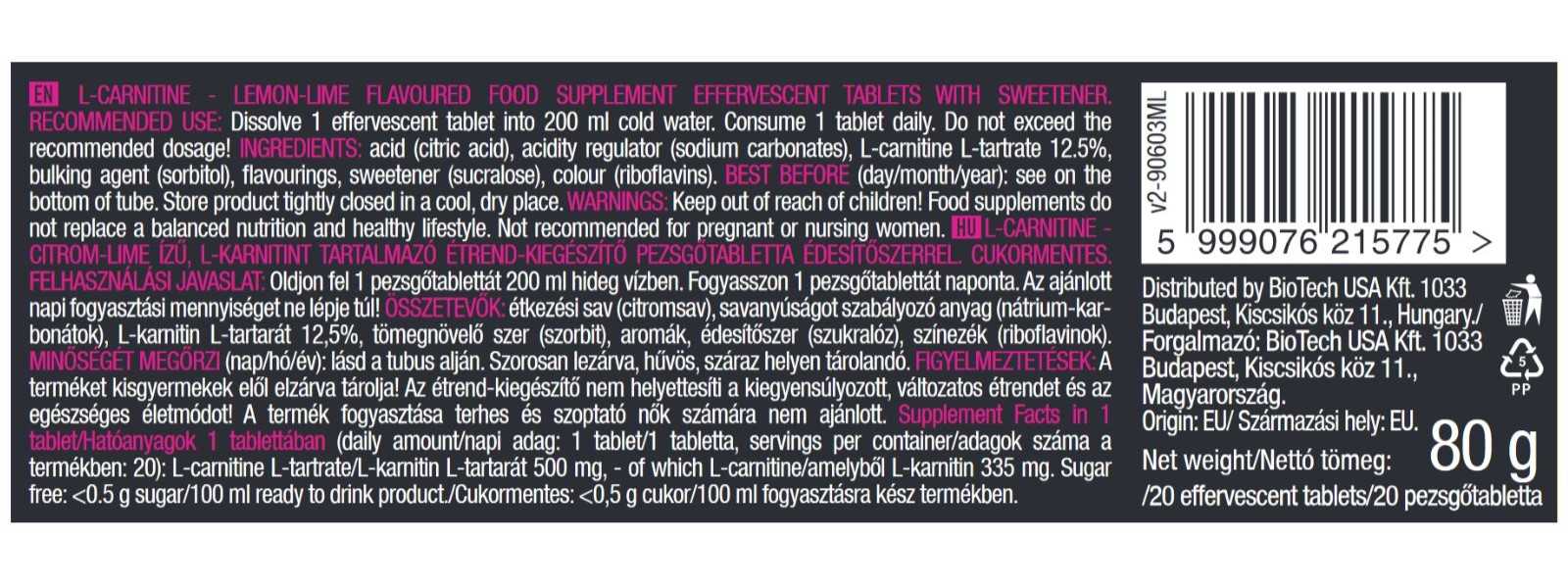 Biotech USA L-Carnitina Efervescente 20 tabletas