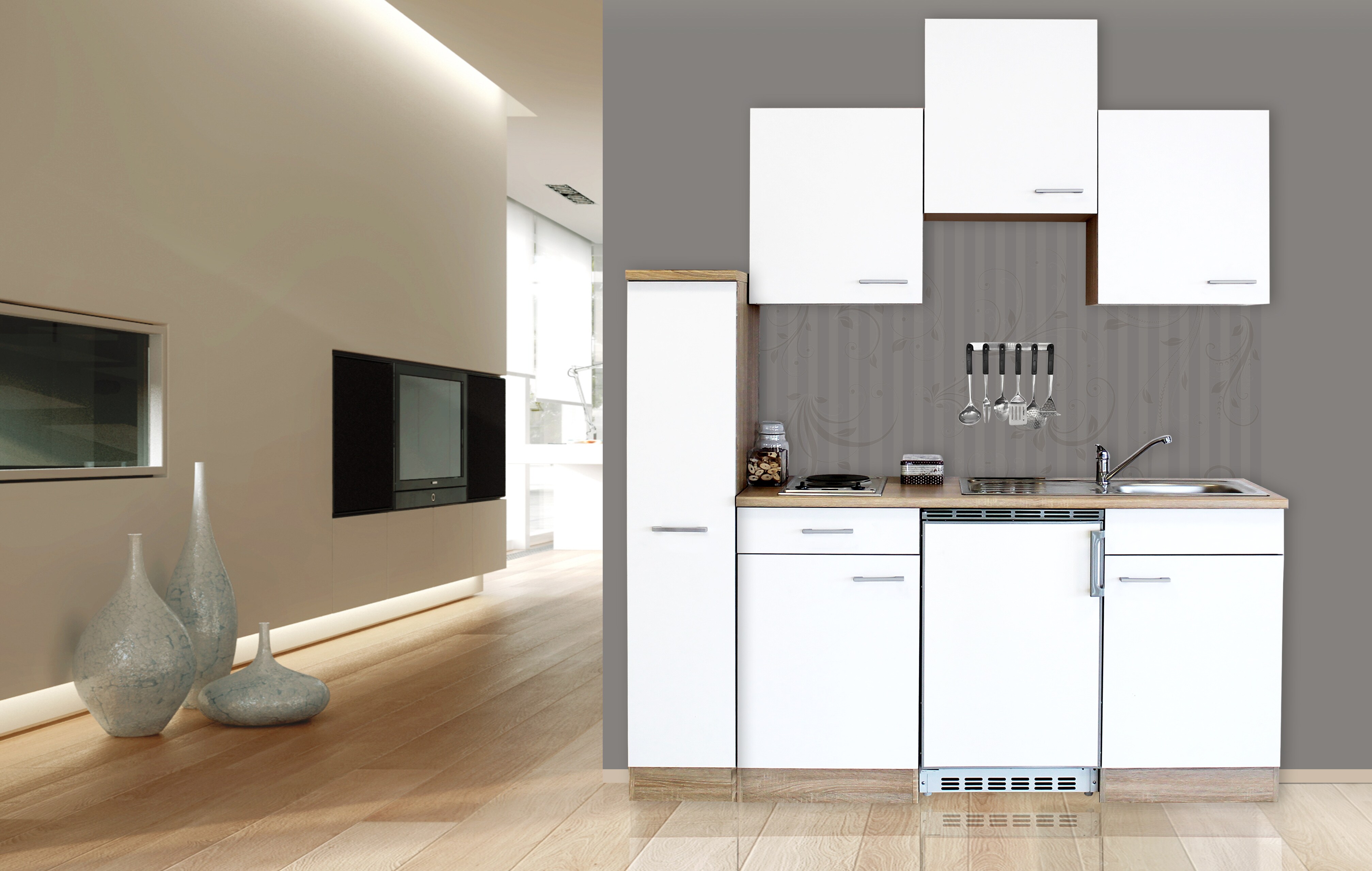 Respekta Küchenzeile KB180ESW 180 cm Weiß-Eiche Sägerau Nachbildung