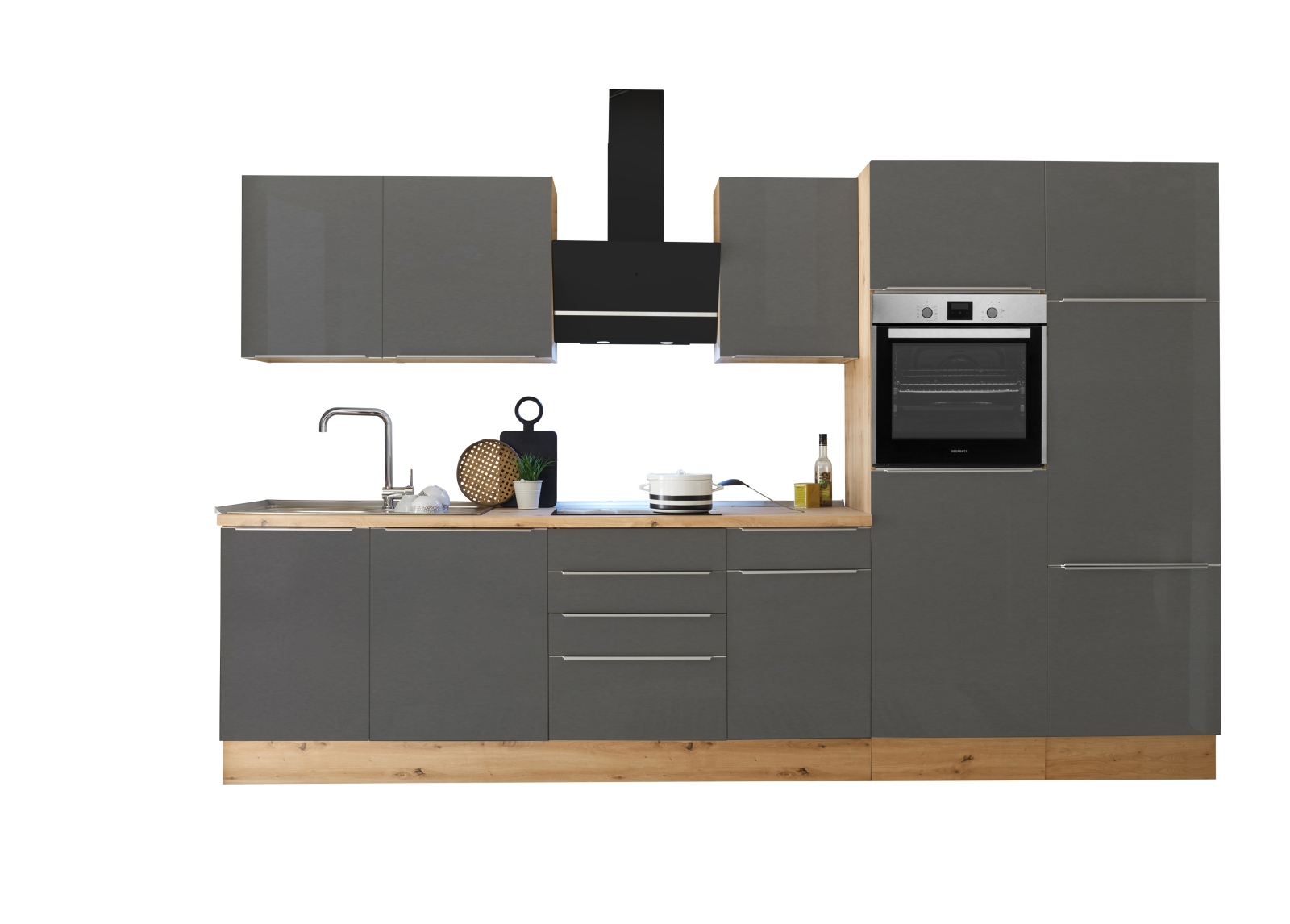 RESPEKTA Küchenblock - grau Matt-Artisan Eiche Sägerau - mit E-Geräten - 340 cm