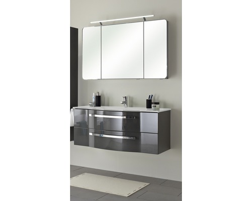 Pelipal Xpressline 4005 badkamermeubelset, BxHxD 120 x 200 x 49 cm, hoogglans grijze fronten, met witte glazen wastafel en badmeubel, spiegelkast met LED-verlichting, 992.12001120