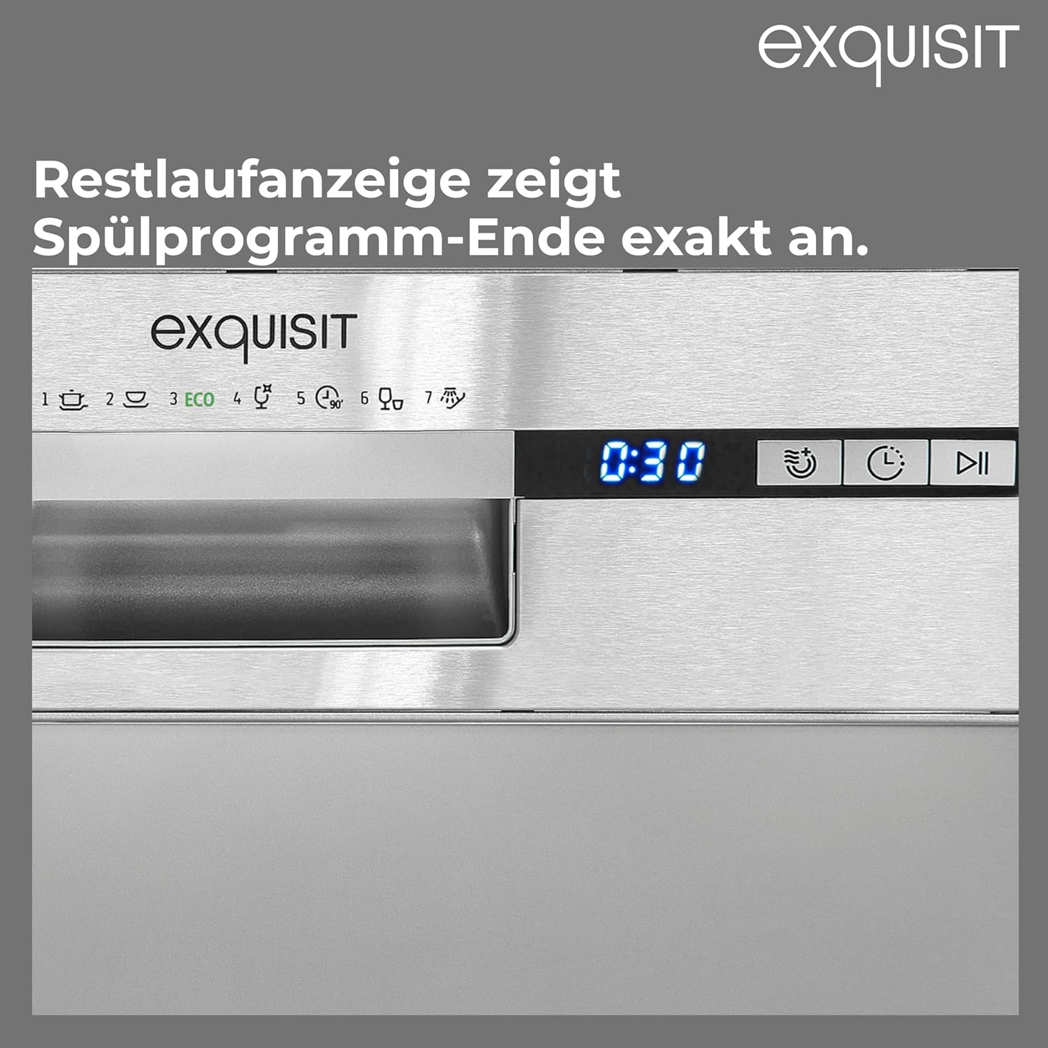 Exquisit PLUS Geschirrspüler | 9 Maßgedecke, Energieeffizienzklasse E, 49 dB(A) | schmal, kompakt, 7 Programme, Eco, Intensiv, Kurz, Extra-Trocknung, Startzeitverzögerung | GSP59309-030E silber