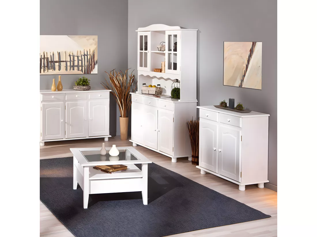 LAURIE - Meuble 2 Portes 2 Tiroirs Bois Massif Vernis Blanc