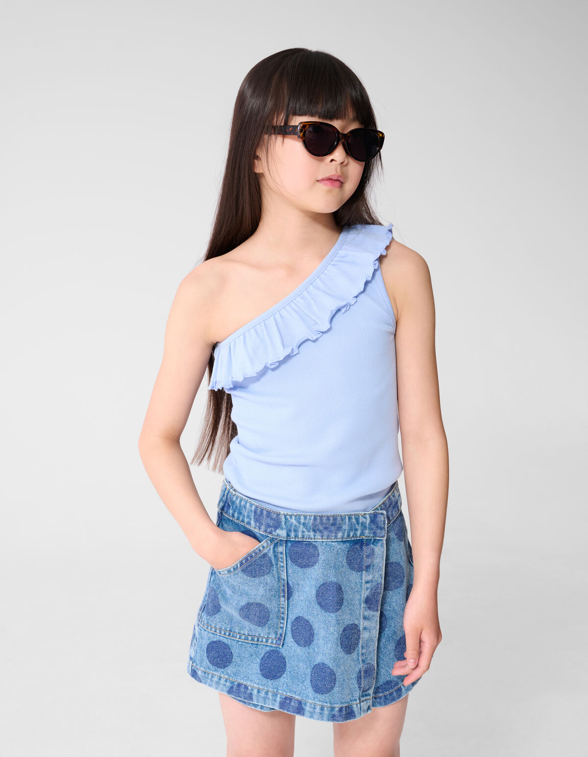 One Shoulder Rib Top Blauw