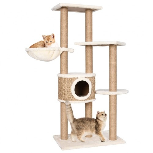 Arranhador para gatos bege com caverna e rede.