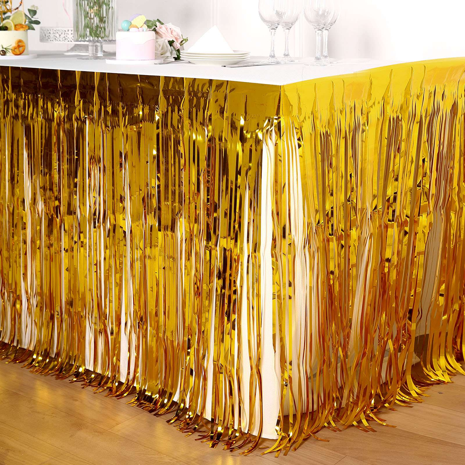 (275x75cm) Party Tisch Deko Metallic Lametta Vorhang Glänzender Fransen Vorhang für Apéro / Esstisch - Gold