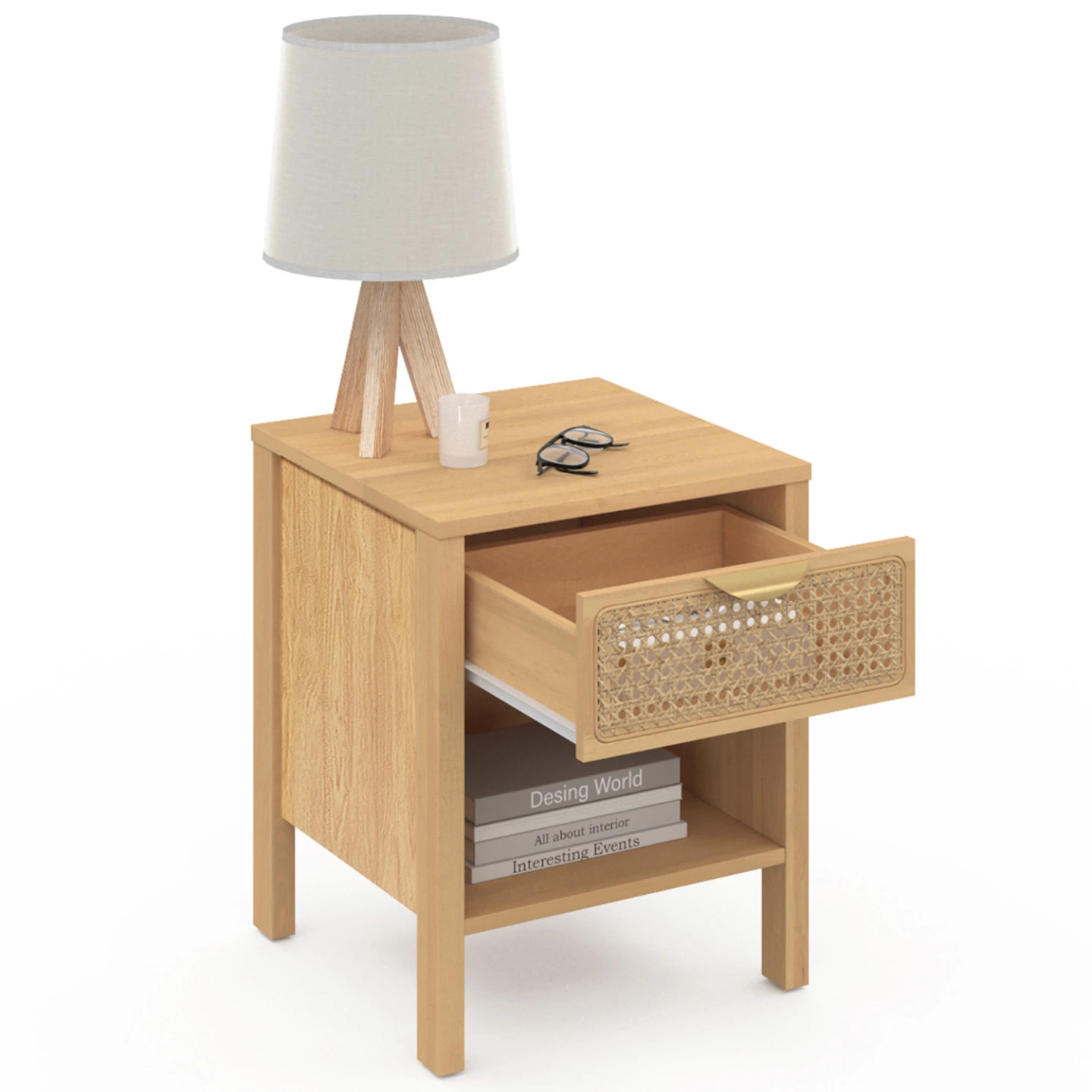 Lot de 2 tables de chevet EDHEN 1 tiroir avec niche cannage et bois