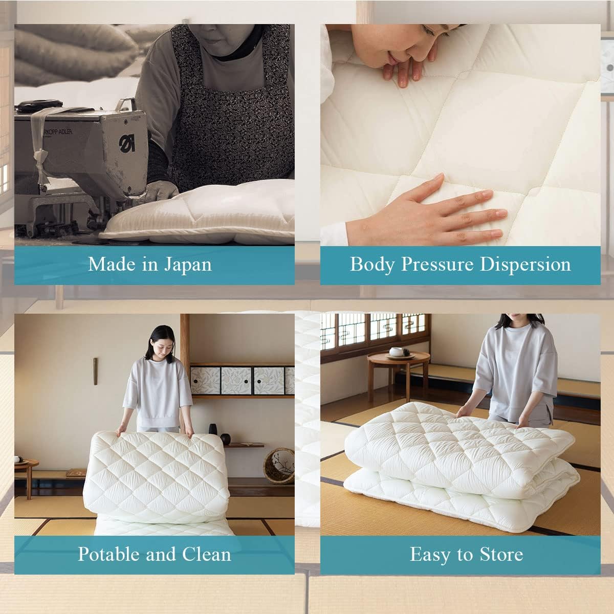 EMOOR Japanische Faltbarer Futon Matratze für Tatami CLASSE 100 x 200 cm, Weiß, Hergestellt in Japan, Bodenmatratze Baumwolle
