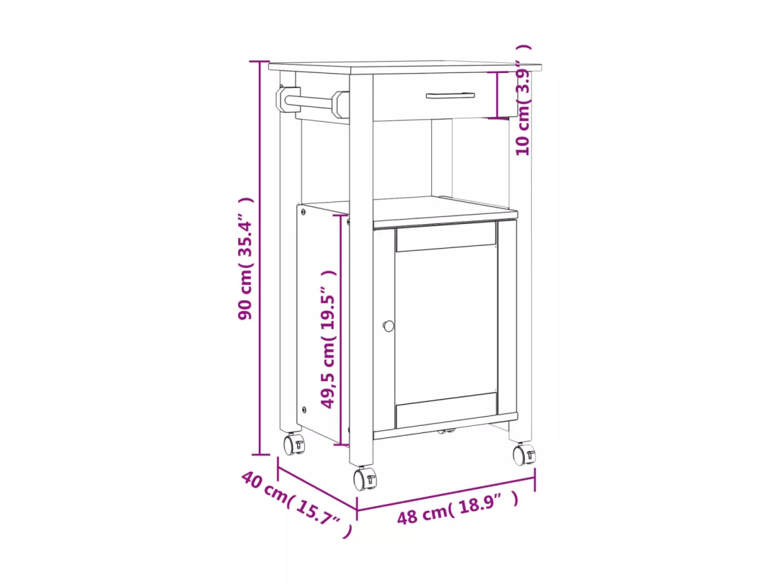 Chariot de cuisine MONZA 48x40x90 cm bois massif de pin