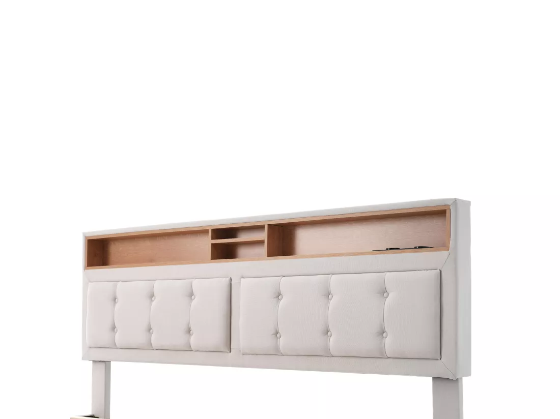 Lit coffre 160x200 cm en tissu lin - tête de lit réglable avec prises - avec sommier à lattes - Beige