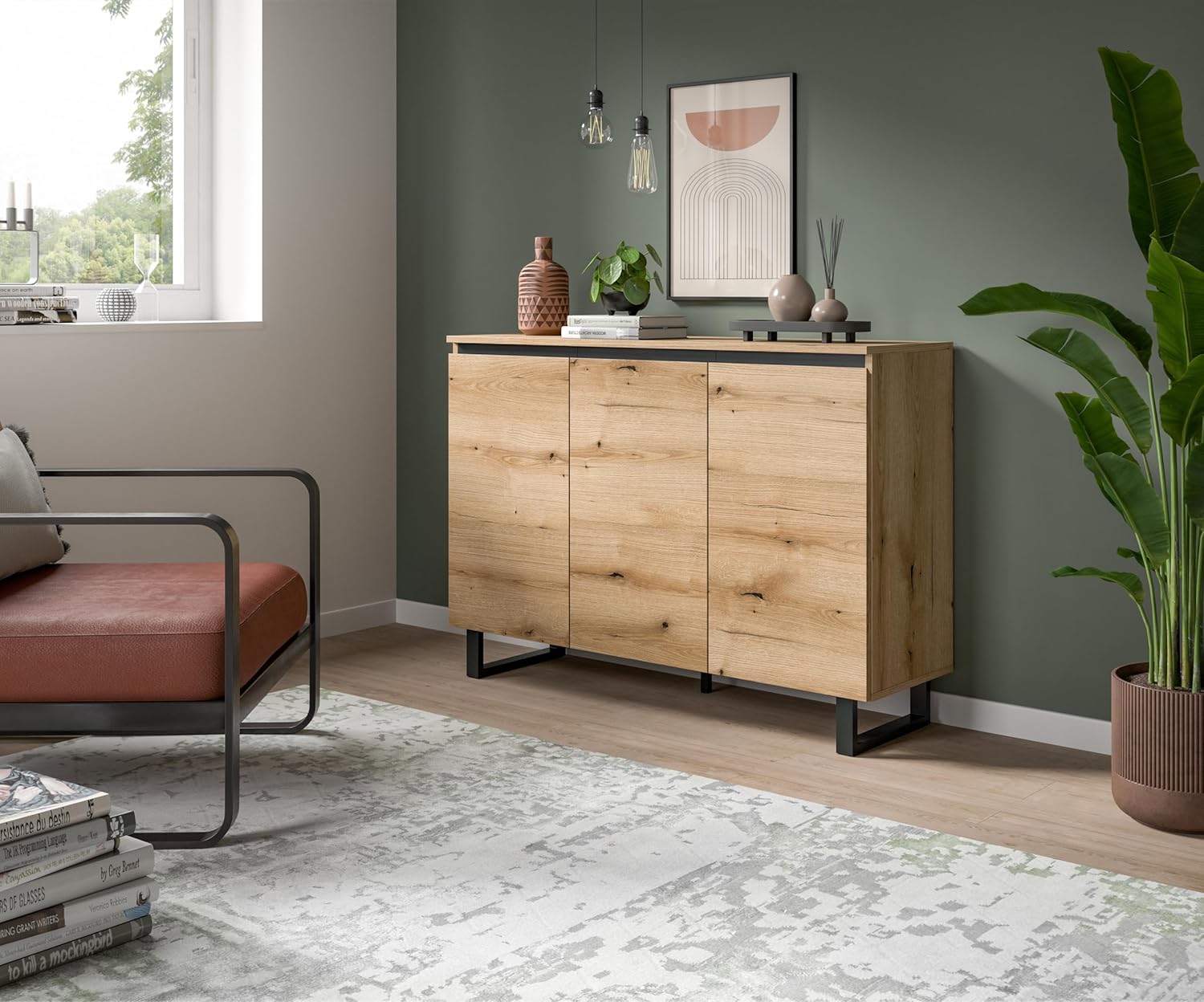 xonox.home – Sideboard Tomasa 120x84x36 cm in Evoke Oak Nachbildung und Schwarz – Natürlich wirkendes Sideboard im modernen Design – wohnlich, funktional & vielseitig einsetzbar
