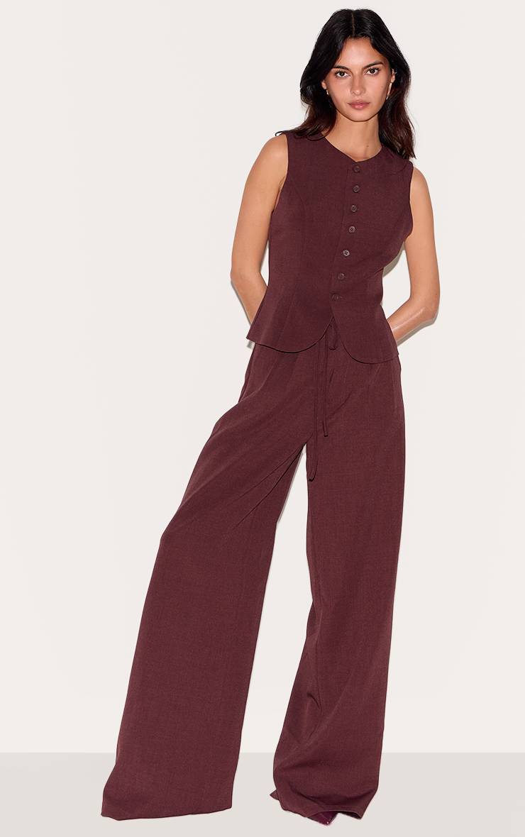 Rouge Vin Pantalon Large Tissé Ajusté Avec Détail Nœud À La Taille