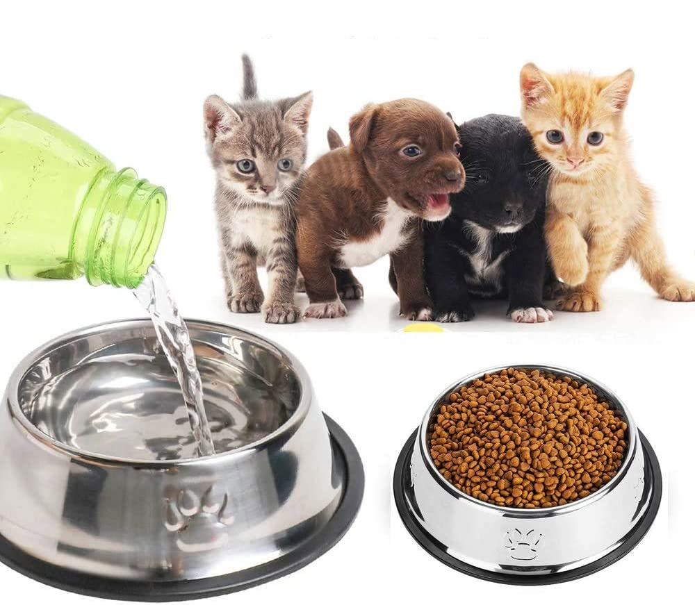(4er Set) Edelstahl Haustier Futternapf Rutschfeste Fress Napf Wasser Schale   Futter Löffel für Katzen / Hunde - Silber