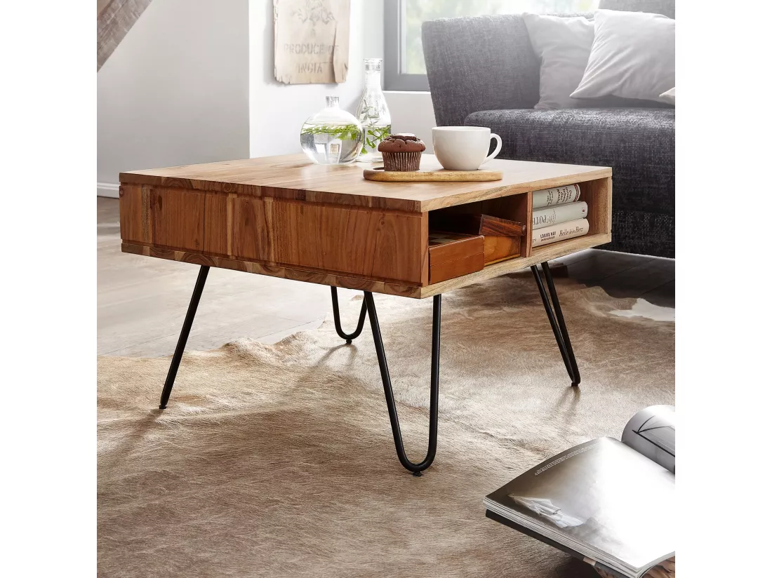 table basse 60x40x60 cm acacia bois massif / métal table basse design angulaire | Table en bois avec espace de rangement | Table basse bois carré marron