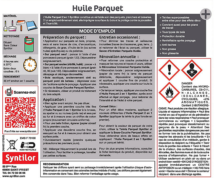 Huile parquet 2 en 1 Syntilor Blanc 2,5L