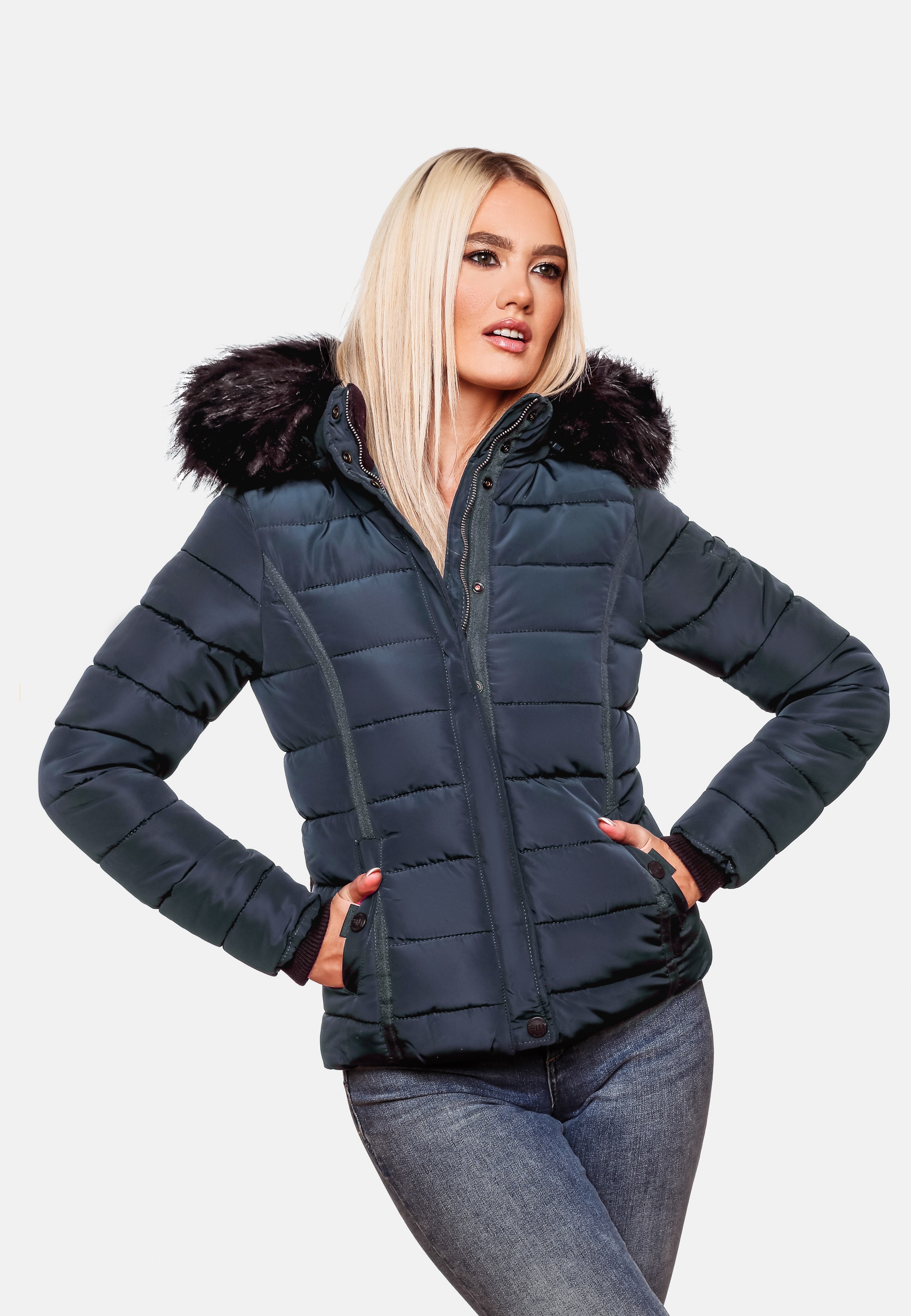 NAVAHOO Damen Steppjacke Hochwertige Winterjacke Mit Voluminöser Kunstpelz-Kapuze Miamor