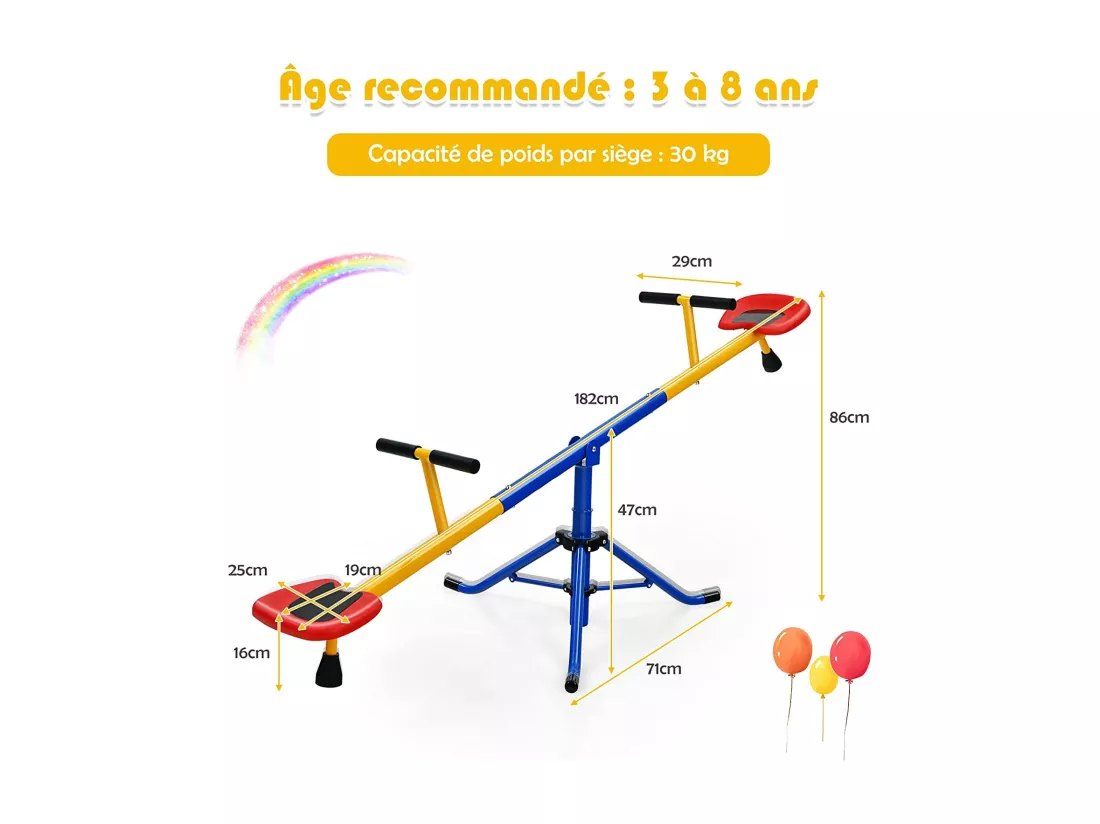 Balançoire à bascule tapecul pour enfant pivotante à 360° avec pieds d'arrêt jouet 3 - 8 ans