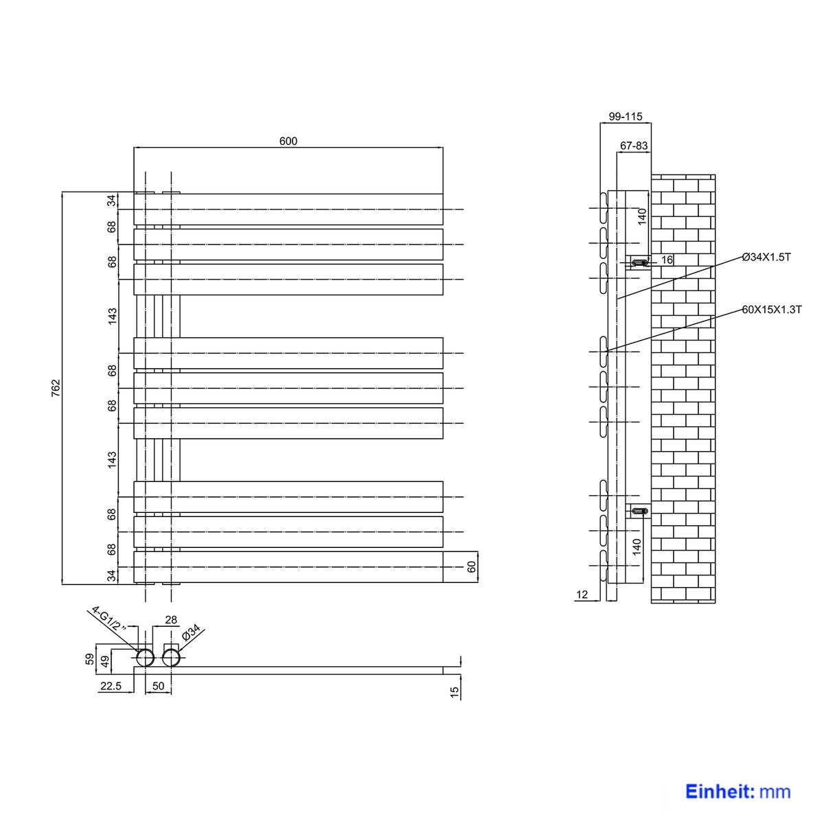 EMKE Badkamerradiator Plat 762x600 mm Wit, Kleine Handdoekverwarmer Handdoekdroger, Paneel Handdoekhouder Zijaansluiting voor Water 479W