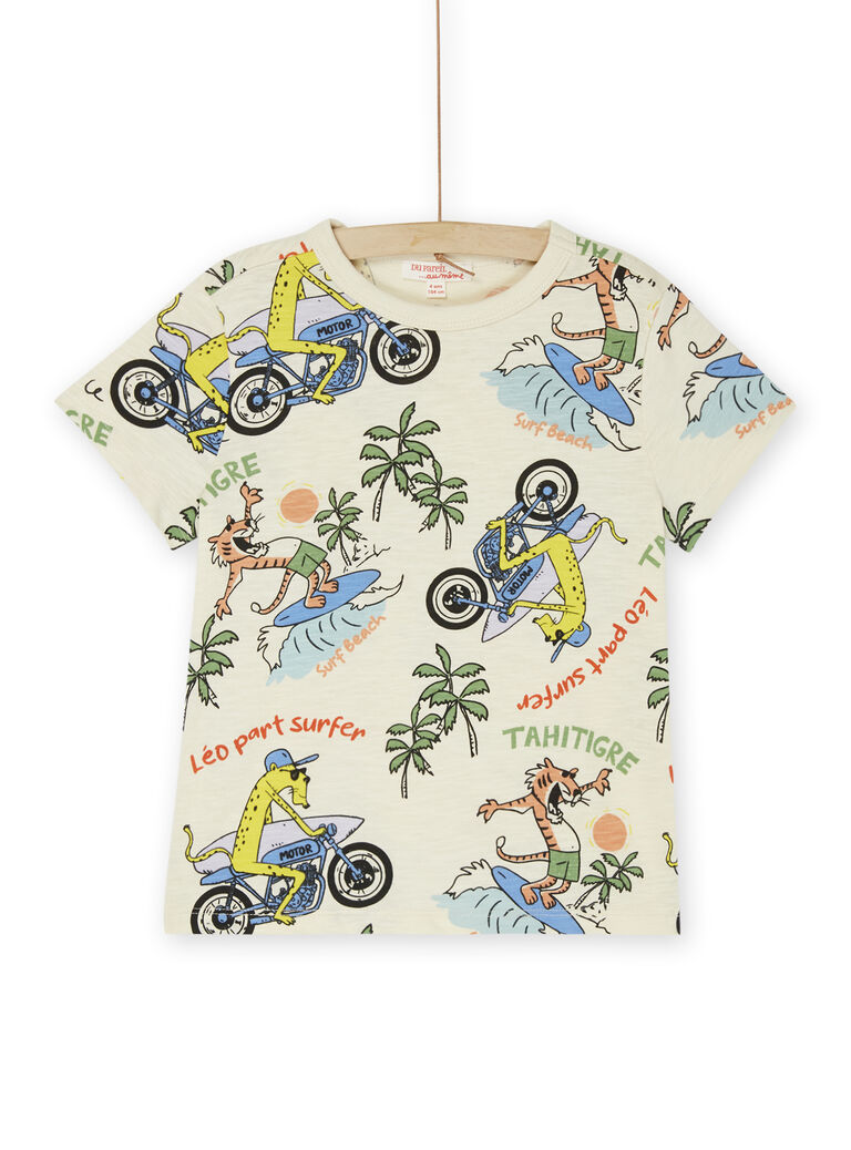 T-shirt blanc crème à imprimé félins surfeurs