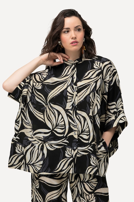 Bluse, Blätter, Oversized, Rundhals, Halbarm