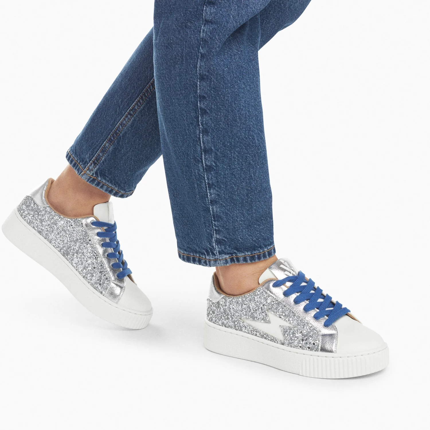 Sneakers-Baskets éclair Elise argent pailleté à lacets