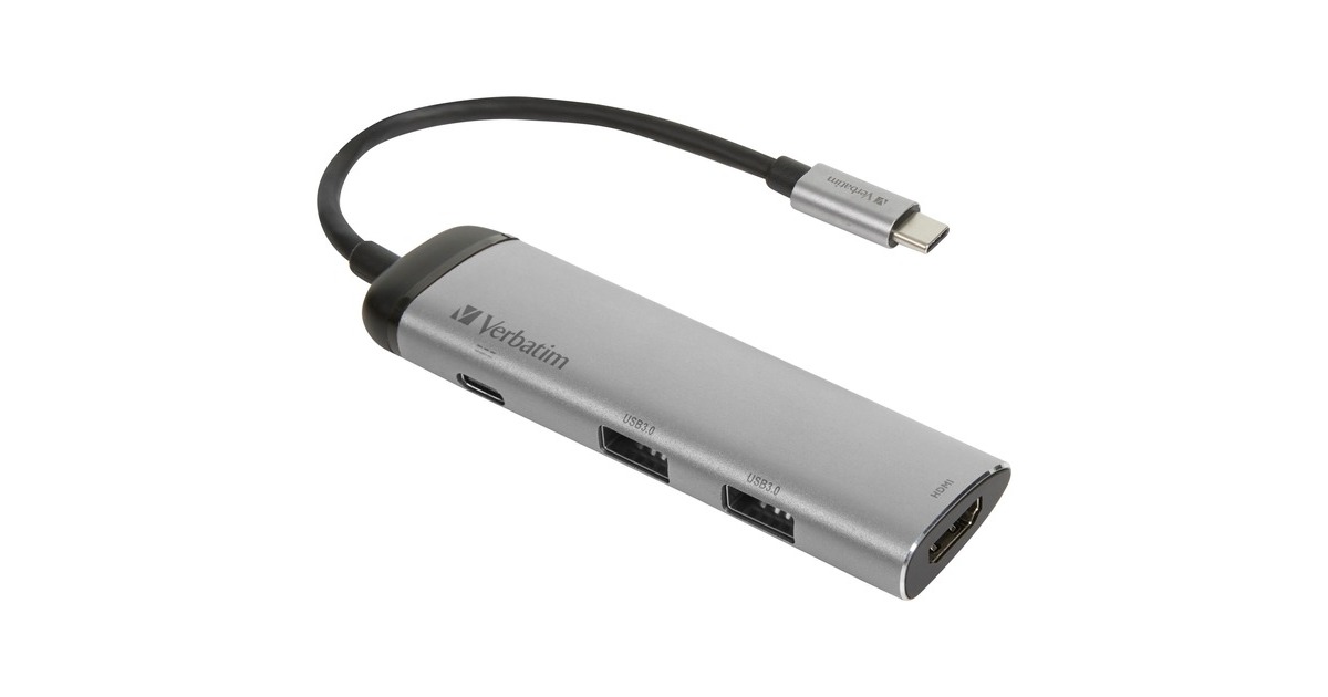 VerbatimUSB 3.2 Gen 1 multiport hub, USB-C > 2x USB-A + USB-C + HDMI usb-hub  (Zilver/zwart, PD, opladen tot 100 watt)