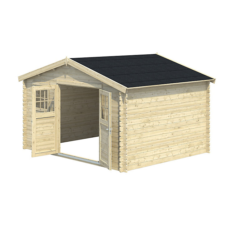 Abri de jardin GoodHome Belaia en bois coloris naturel ép.28 mm surface extérieure 13,20 m²
