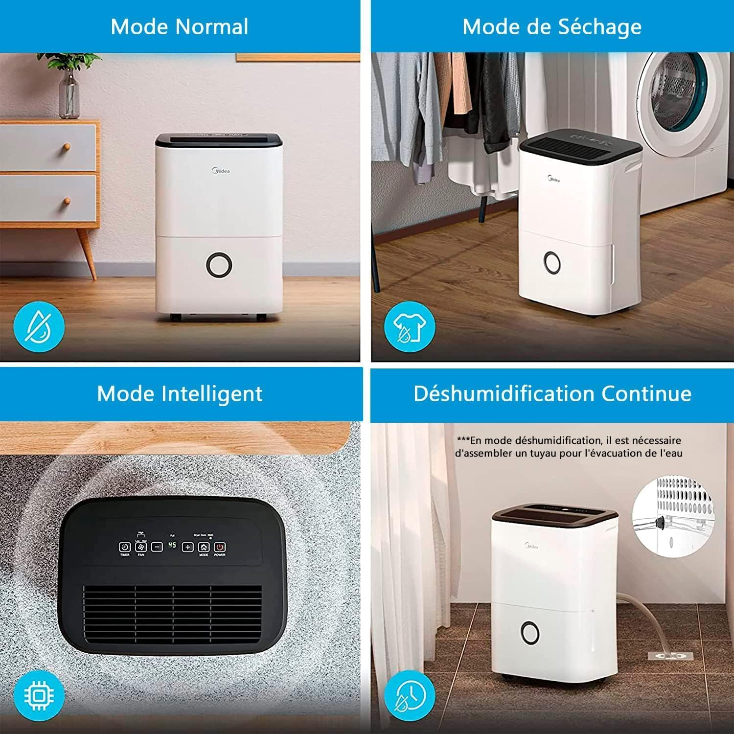 MIDEA Deshumidificateur d air electrique 20L - Adsorbeur d'humidité pour la maison, salle de bain, cave et garage - Surface de travail 40 m2 - Déshumidificateurs Anti Moisissures et Anti Humidité