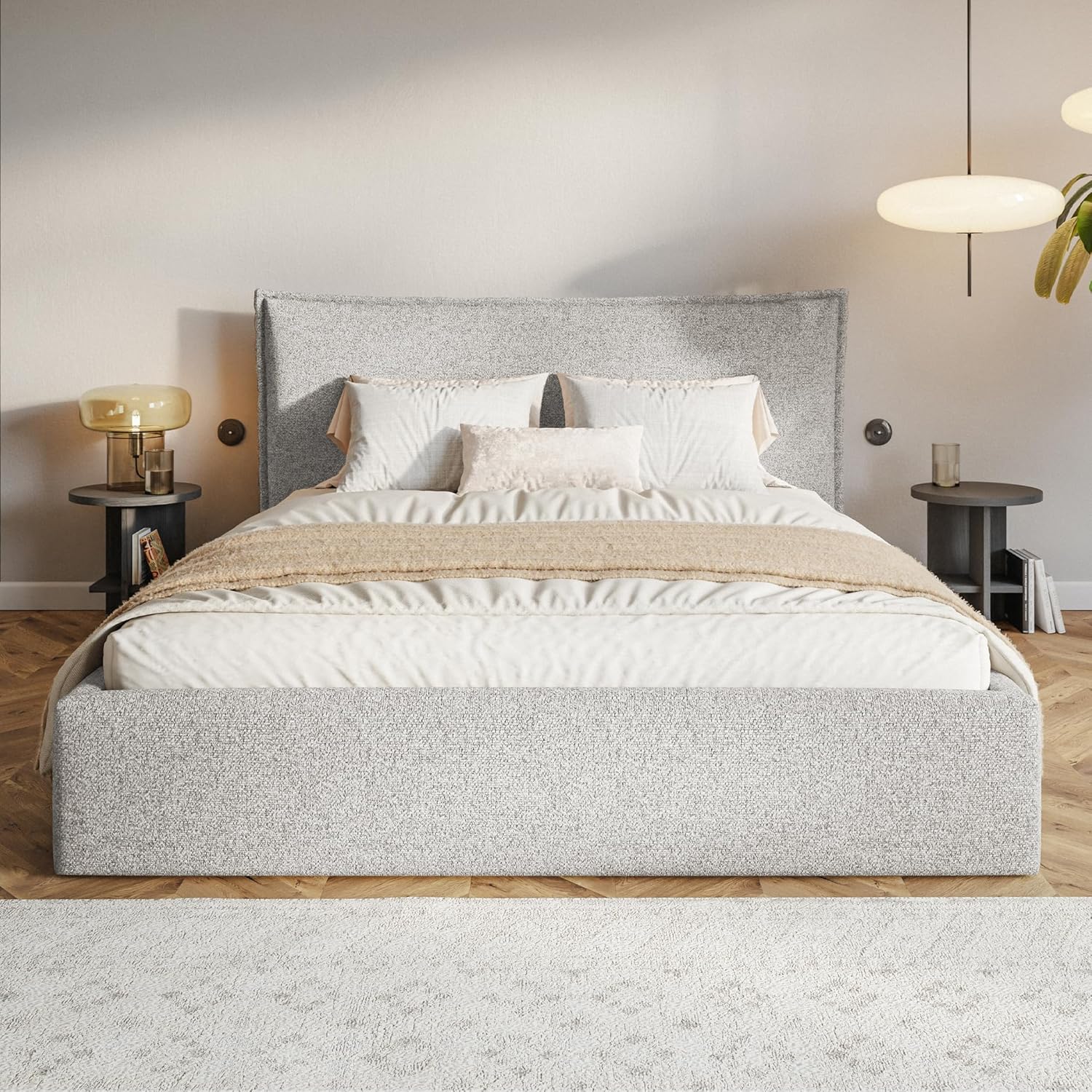 Leno Bett 180x200 Grau Strukturstoff, mit Stauraum, mit Kopfteil, mit Lattenrost, ohne Füße, ohne Matratze, Polsterbett 180x200 mit Bettkasten Grau (Hellgrau)