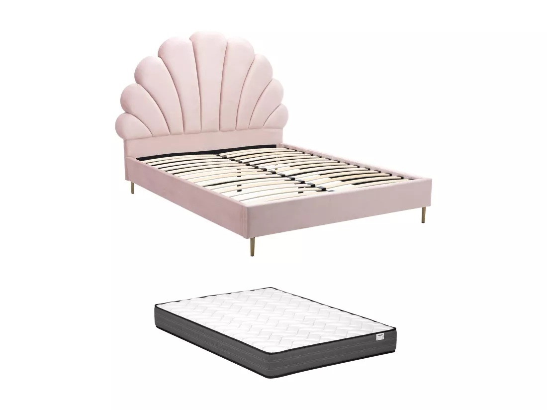 Lit coquillage 160 x 200 cm - Velours - Rose + Matelas - LIVAYA