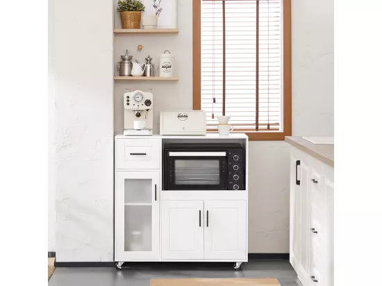 SoBuy FSB78-W Meuble Micro-Ondes Buffet Commode sur roulettes Armoire de Cuisine Multi-Rangement avec 3 Portes, 1 Tiroir, 1 Compartiment