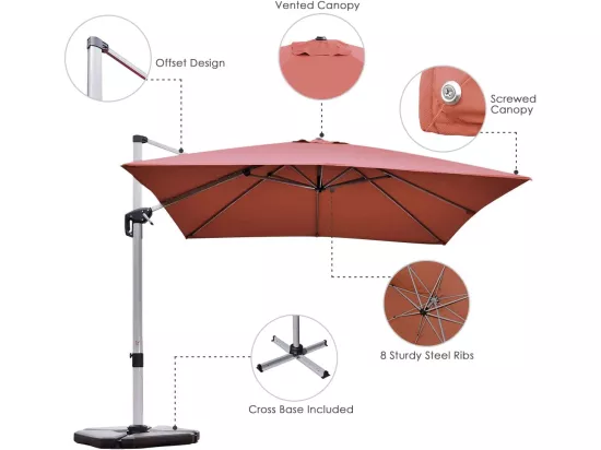 Parasol Déporté Carré 3M avec Base en Croix Poteau en Aluminium Rotatif à 360° Manivelle Inclinable 8 Baleines Orange