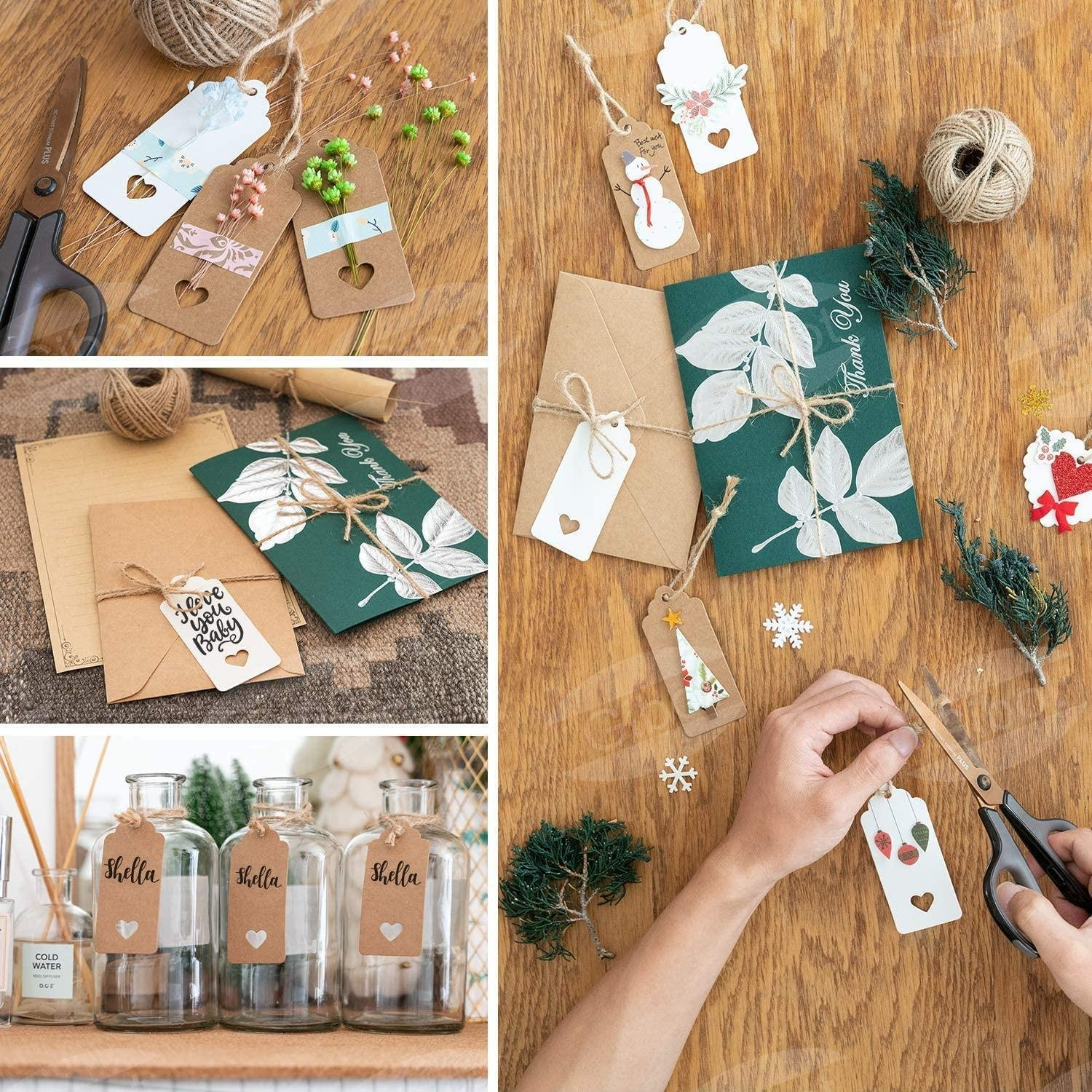 (200er Set) Geschenk Anhänger Bastel Etiketten Kraftpapieranhänger   Jute Schnur - Braun / Weiss