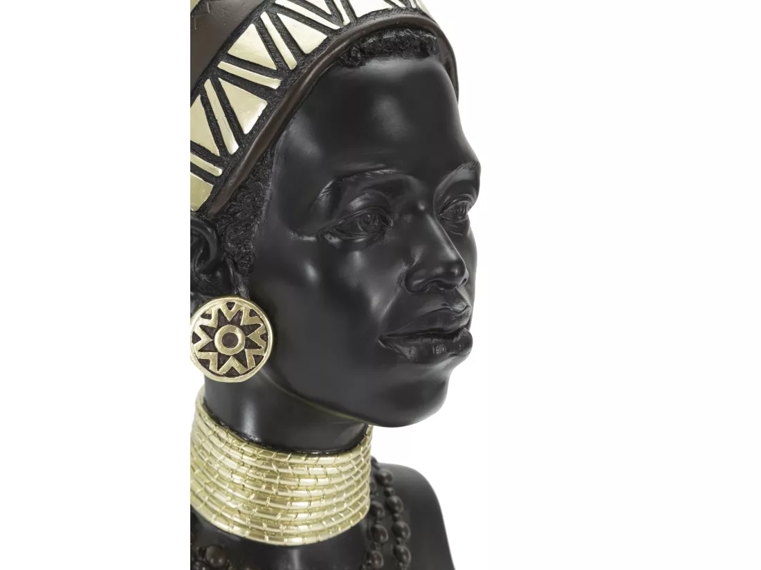 Sculpture tête de femme Masai avec coiffe et bijoux tribaux, 23x19x38,5 cm, statue en résine noire et couleurs mixtes, inspirée des traditions.